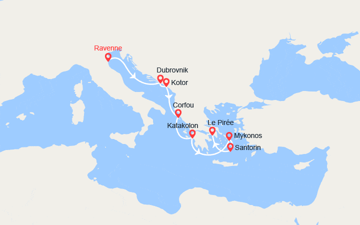 Carte itinéraire croisière Italie, Croatie, Iles Grecques, Monténégro