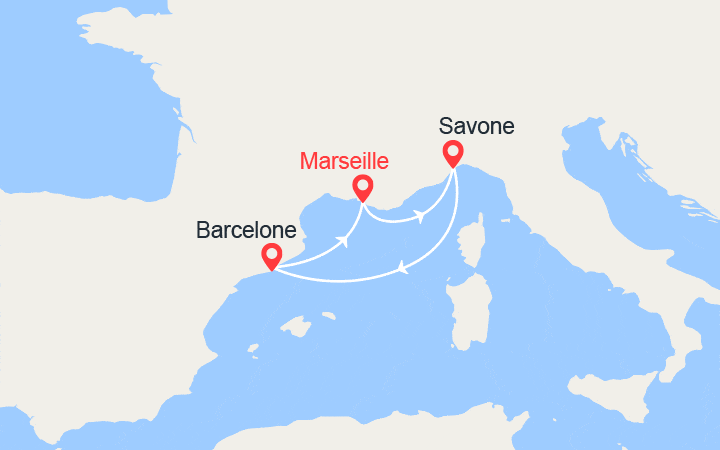 Carte itinéraire croisière Italie, Espagne, France