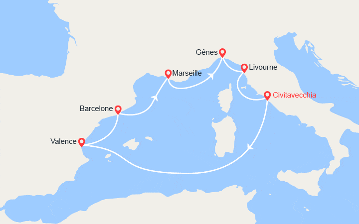 Carte itinéraire croisière Italie, Espagne, France