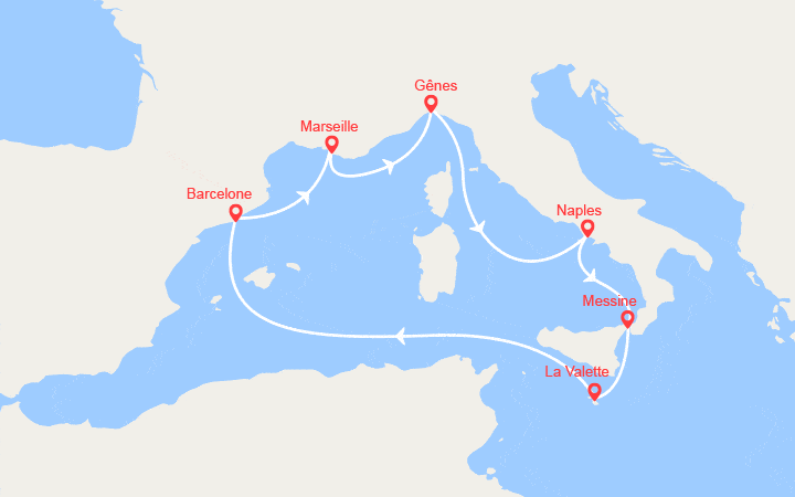 Carte itinéraire croisière Italie, Espagne, France, Malte