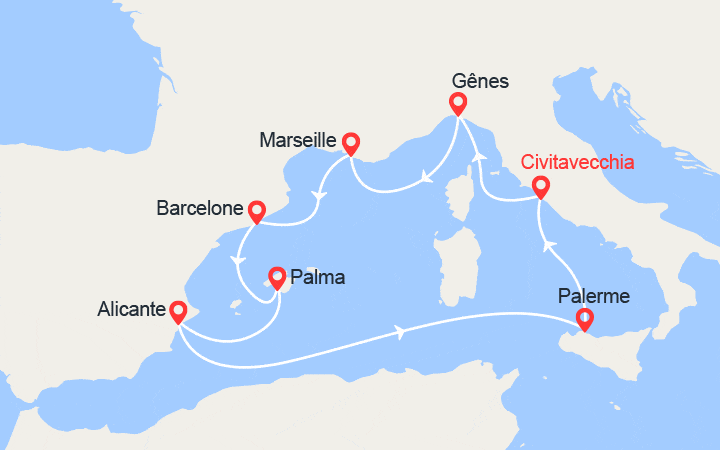 Carte itinéraire croisière Italie, Espagne, Majorque,Sicile