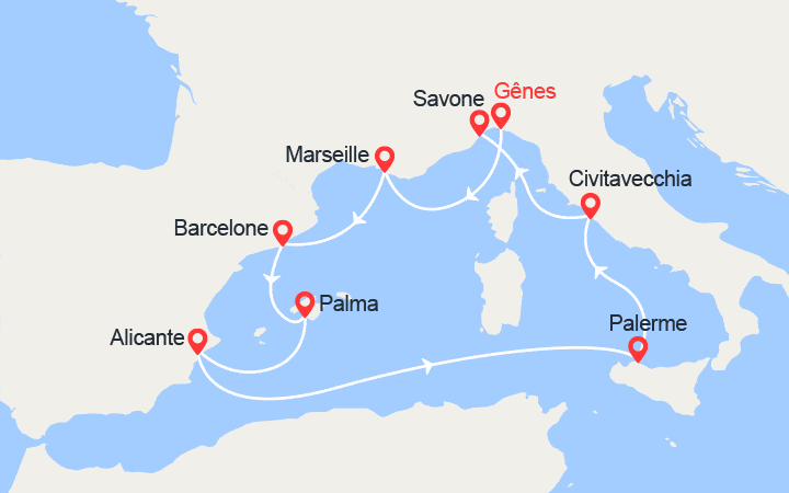 Carte itinéraire croisière Italie, Espagne, Majorque, Sicile