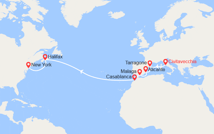 Carte itinéraire croisière Italie, Espagne, Maroc, Canada, États-Unis