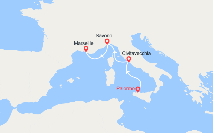 Carte itinéraire croisière Italie, France : de Palerme à Marseille