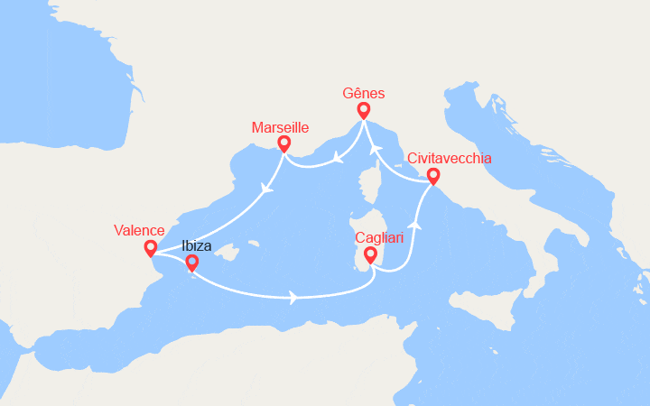Carte itinéraire croisière Italie, France, Espagne