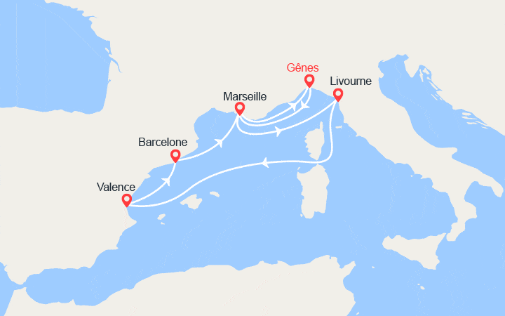 Carte itinéraire croisière Italie, France, Espagne