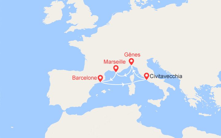Carte itinéraire croisière Italie, France, Espagne