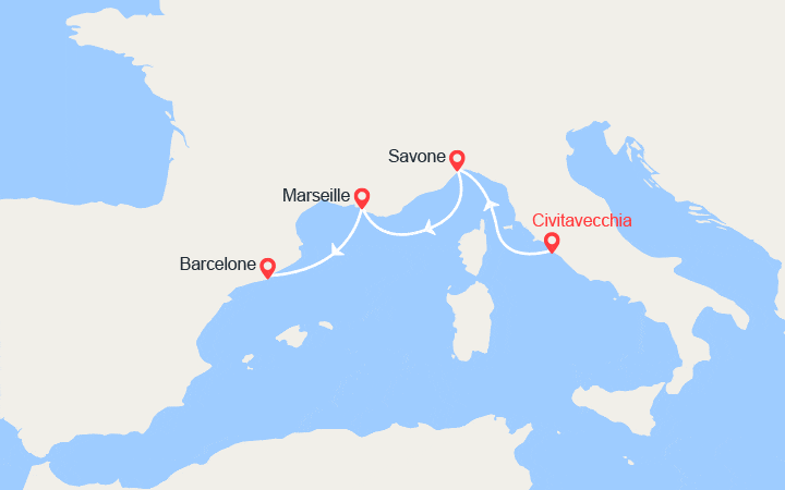 Carte itinéraire croisière Italie, France, Espagne : de Civitavecchia à Barcelone