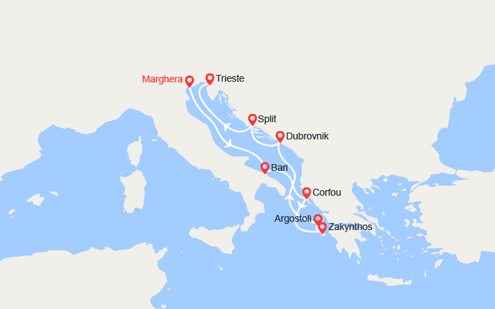 Carte itinéraire croisière Italie, Grèce, Croatie