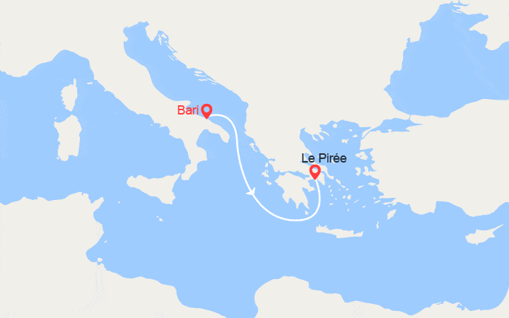 Carte itinéraire croisière Italie, Grèce : De Bari à Athènes