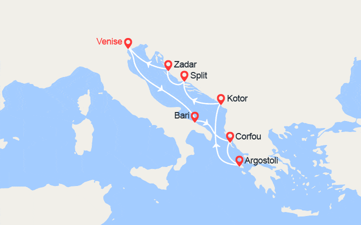Carte itinéraire croisière Italie, Grèce, Montenegro, Croatie