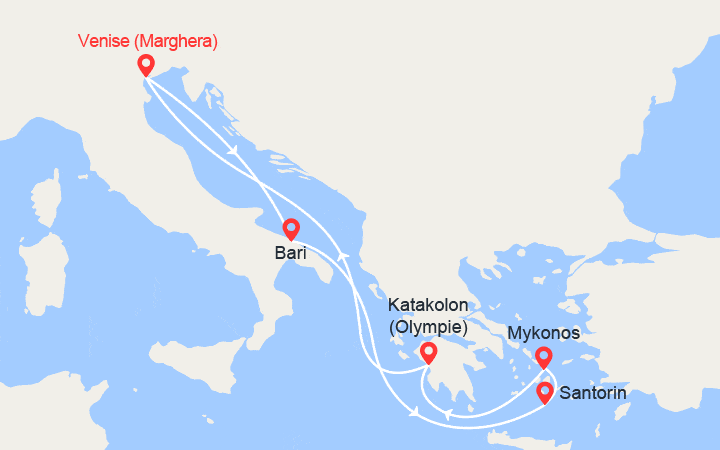 Carte itinéraire croisière Italie, Iles grecques