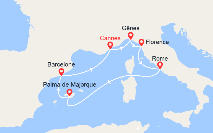 Carte itinéraire croisière Italie, Majorque, Espagne, Côte d'Azur