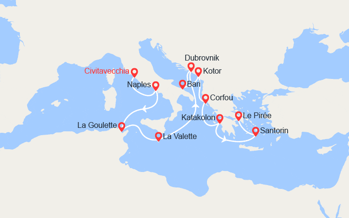 Carte itinéraire croisière Italie, Malte, Croatie, Monténégro, Grèce
