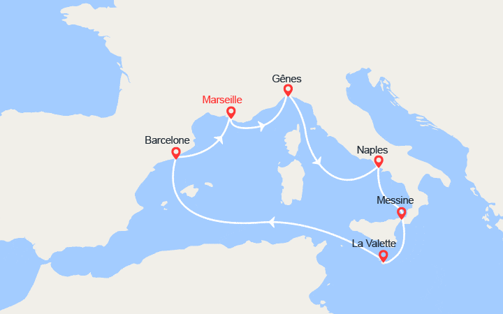 Carte itinéraire croisière Italie, Malte, Espagne