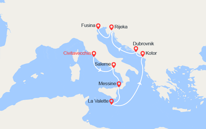 Carte itinéraire croisière Italie, Malte, Monténégro, Croatie