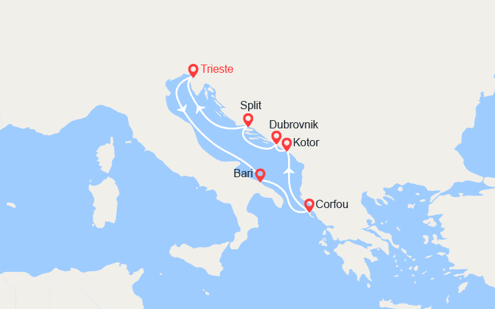 Carte itinéraire croisière Italie, Montenegro, Grèce, Croatie