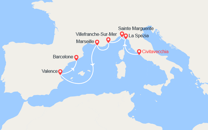 Carte itinéraire croisière Italie, Provence, Espagne