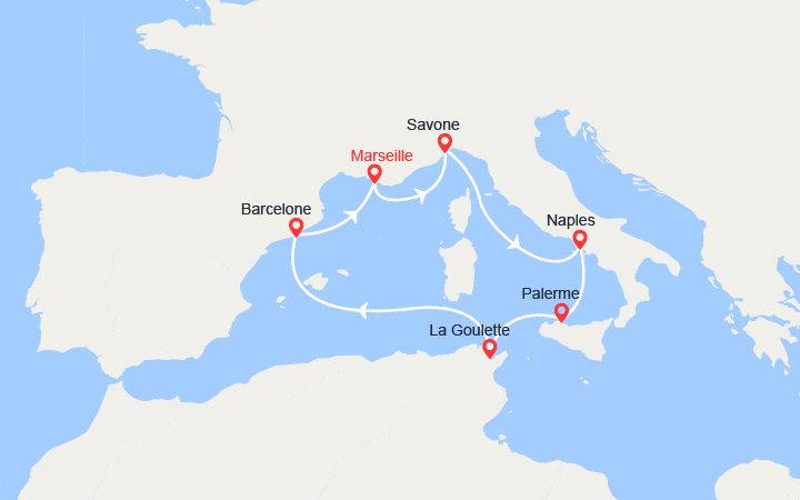 Carte itinéraire croisière Italie, Sicile, Tunisie, Espagne