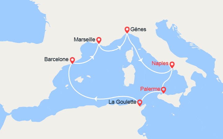Carte itinéraire croisière Italie, Tunisie, Espagne, France
