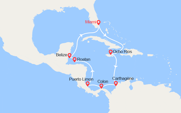 Carte itinéraire croisière Jamaïque, Colombie, Panama, Costa Rica, Honduras, Belize