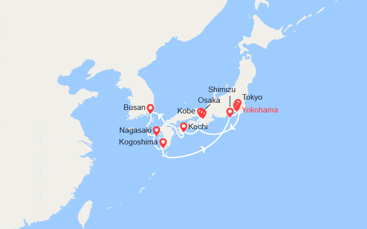 Carte itinéraire croisière Japon et Corée du Sud : Tokyo, Kyoto, Kobe, Busan