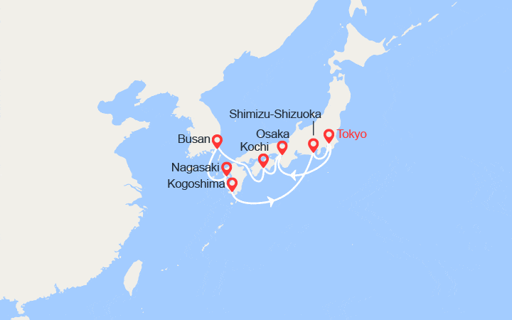 Carte itinéraire croisière Japon : Osaka, Kochi, Busan, Tokyo