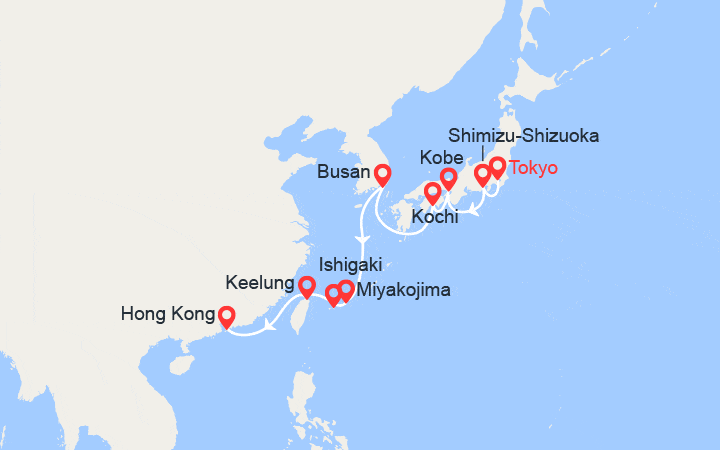 Carte itinéraire croisière Japon, Taïwan, Chine