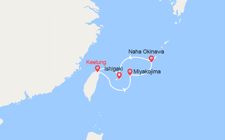 Carte itinéraire croisière Japon, Taïwan : Miyako, Naha, Ishigaki