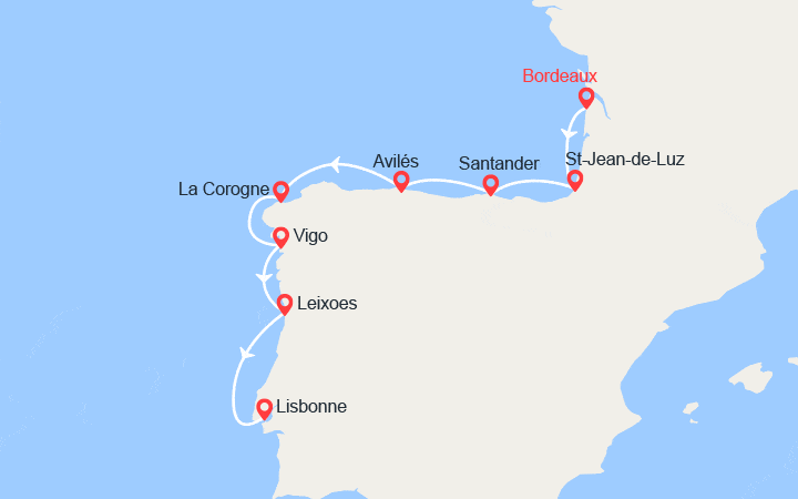 Carte itinéraire croisière L été au vert le long du Golfe de Gascogne et de la péninsule ibérique