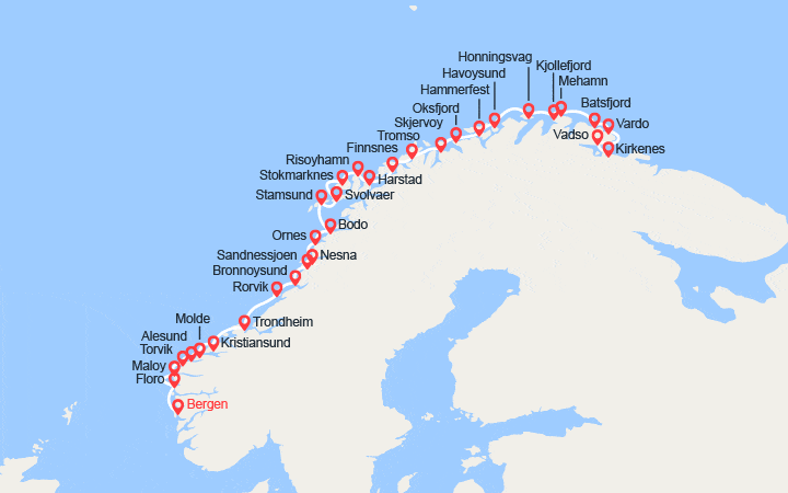 Carte itinéraire croisière L'Express Côtier – du Sud au Nord : de Bergen à Kirkenes