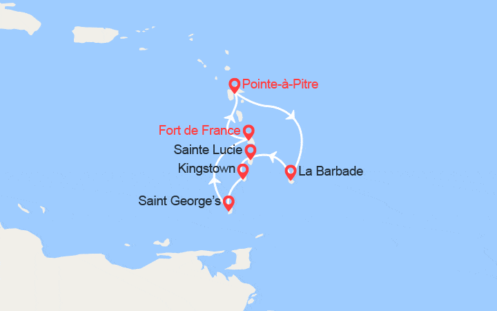 Carte itinéraire croisière La Barbade, Ste Lucie, Grenadines, Grenade