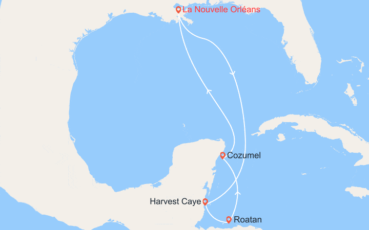 Carte itinéraire croisière La Nouvel Orléans, Belize, Honduras, Mexique