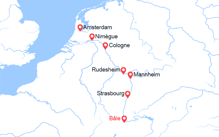 Carte itinéraire croisière Le Rhin et ses affluents: de Bâle à Cologne