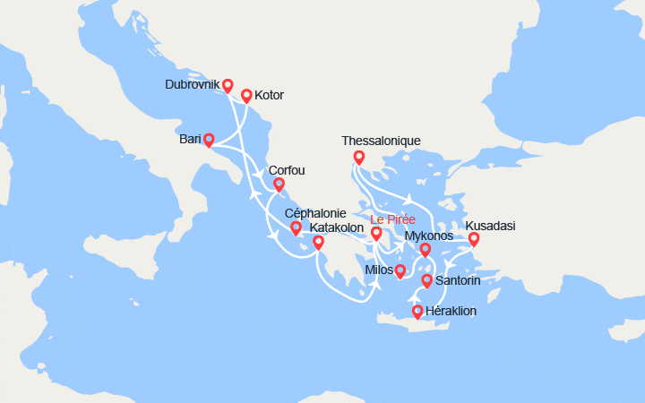 Carte itinéraire croisière Légendaire Adriatique: Athènes, Théssalonique, Dubrovnik