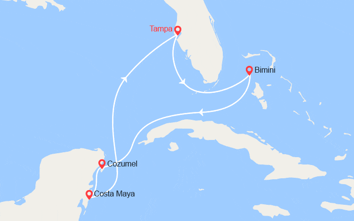 Carte itinéraire croisière Les Bahamas : Bimini, Cozumel, Costa Maya