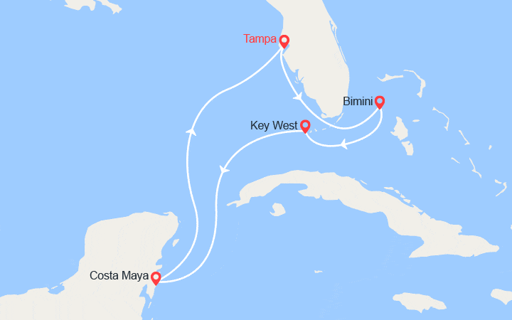 Carte itinéraire croisière Les Bahamas : Bimini, Nassau, Costa Maya