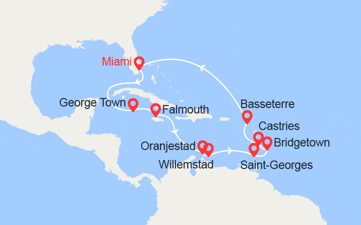 Carte itinéraire croisière Les caraïbes : Iles Caïman, Aruba, Jamaïque, Barbades, St Kitts