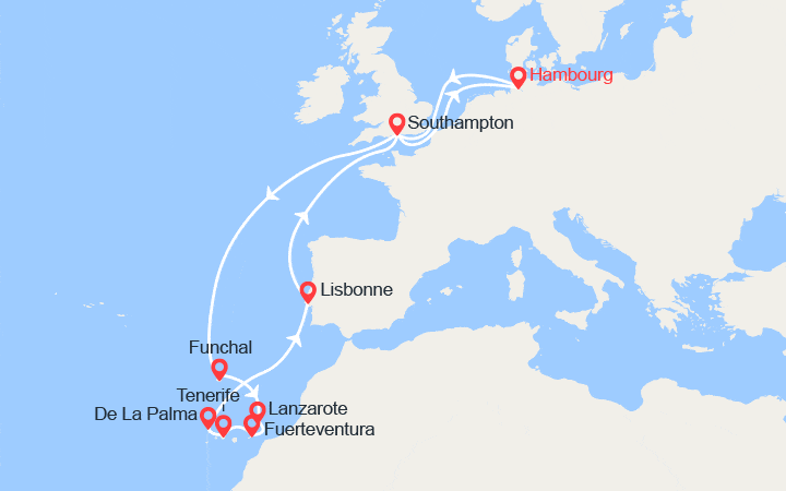 Carte itinéraire croisière Les iles Canaries: Hambourg, Madère, Lanzarote..