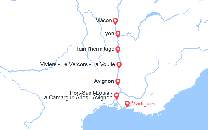 Carte itinéraire croisière Les plus belles escales du Rhône et de la Saône De Martigues à Lyon (MML_2)