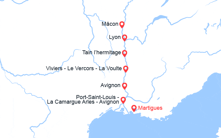 Carte itinéraire croisière Les plus belles escales du Rhône et de la Saône De Martigues à Lyon (MML_2)