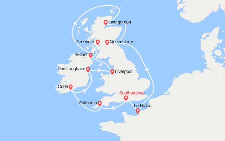 Carte itinéraire croisière Lieux mythiques et paysages enchanteurs des Iles Britanniques (E)