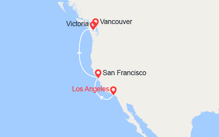 Carte itinéraire croisière Los Angeles, San Francisco, Victoria et Vancouver