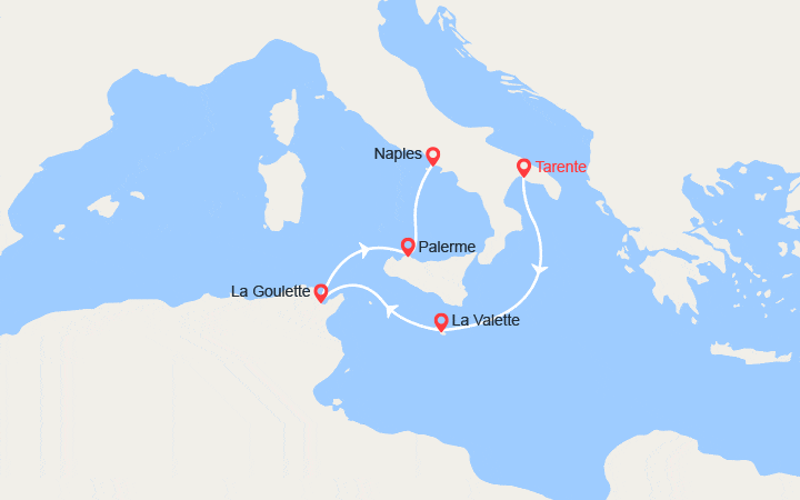 Carte itinéraire croisière Malte, Italie : de Tarente à Naples