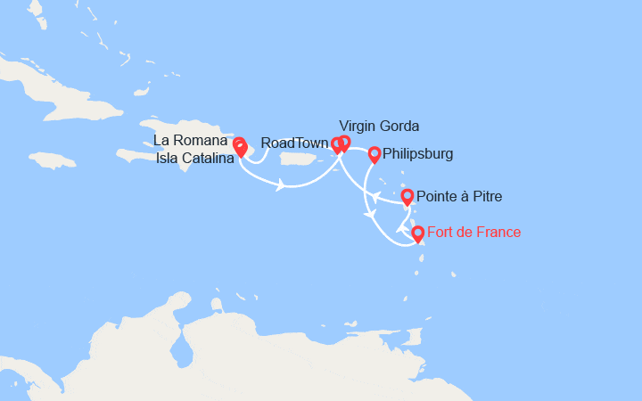 Carte itinéraire croisière Martinique, Guadeloupe, Îles Vierges Britanniques, République Dominicaine