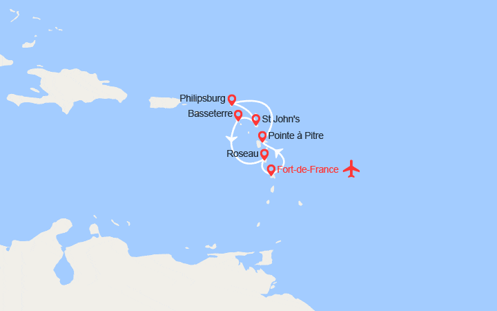 Carte itinéraire croisière Martinique, Guadeloupe, St Martin, Antigua, St Kitts, Dominique - Vols inclus