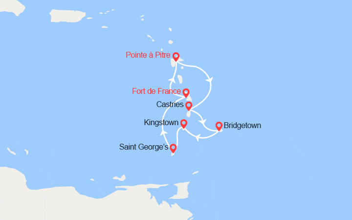 Carte itinéraire croisière Martinique, Guadeloupe, Ste Lucie, Barbade, St Vincent, Grenade