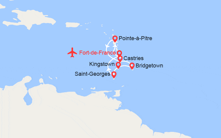Carte itinéraire croisière Martinique, Guadeloupe, Ste. Lucie, Barbades, St Vincent & les Grenadines, Grenade - Vols inclus