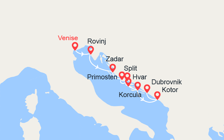 Carte itinéraire croisière Merveilles naturelles et joyaux culturels de Dalmatie