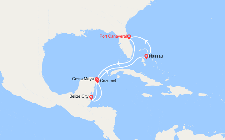 Carte itinéraire croisière Mexique, Belize, Bahamas